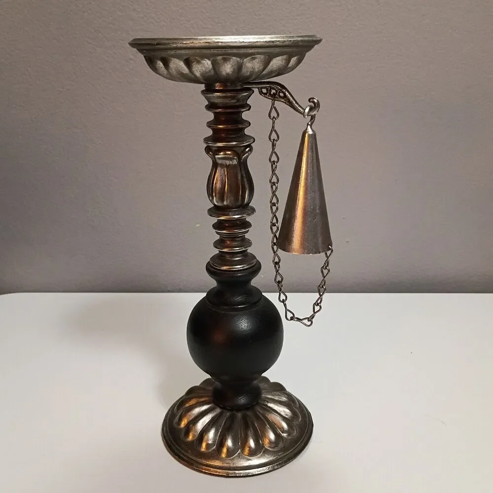 Vintage Dilly Antique Metal Finish Wood Pillar Candle Holder Attached Snuffer